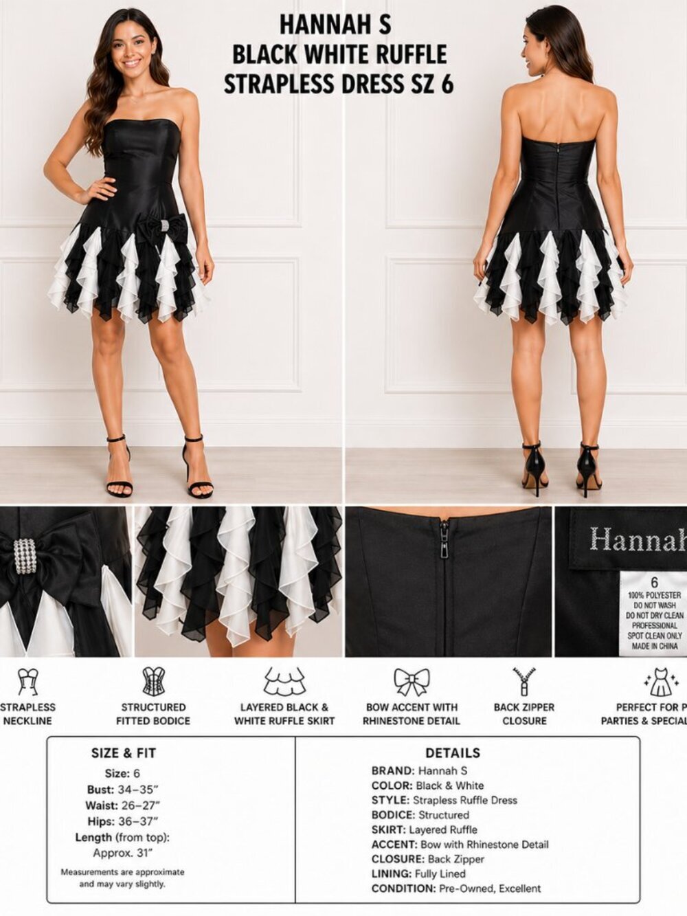 HANNAH S BLACK WHITE RUFFLE STRAPLESS DRESS SZ 6